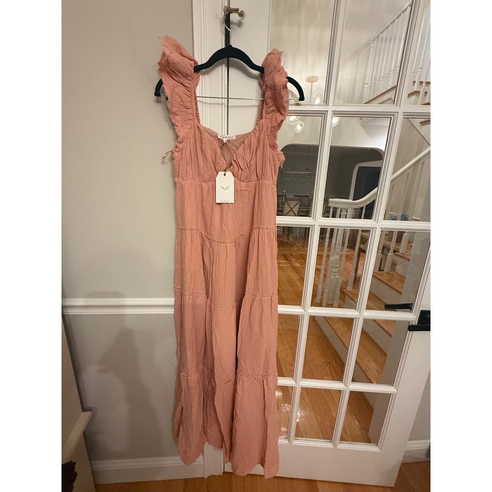Free The Roses Pink Gauze Tiered Maxi Dress Flutter Sleeve Boho XS NEW